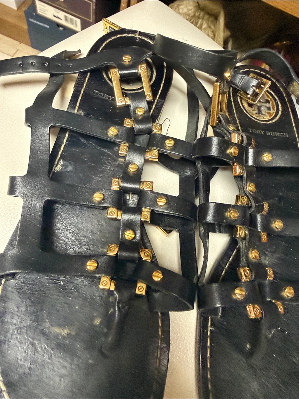 Tory Burch Black Leather Gladiator Sandals with Gold Studs